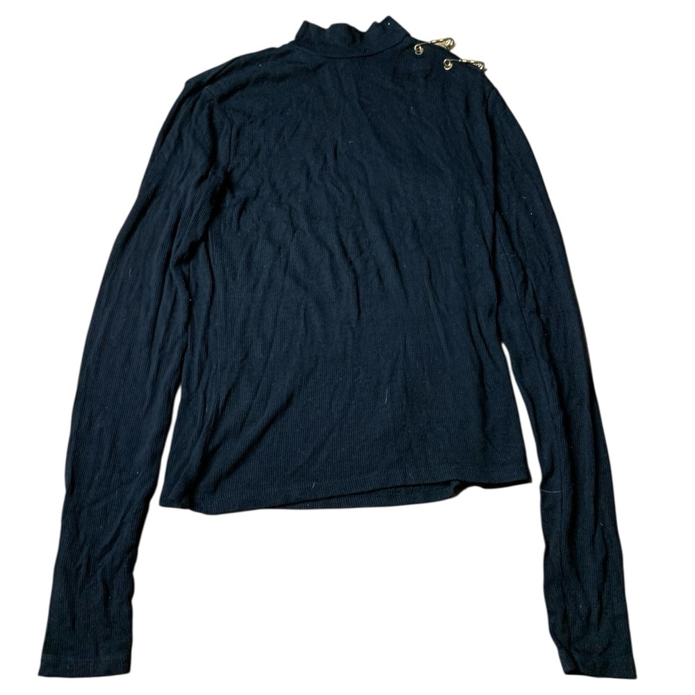 AMISU Black Ribbed Mock Neck Top with Gold Safety Pin Hardware - XS
